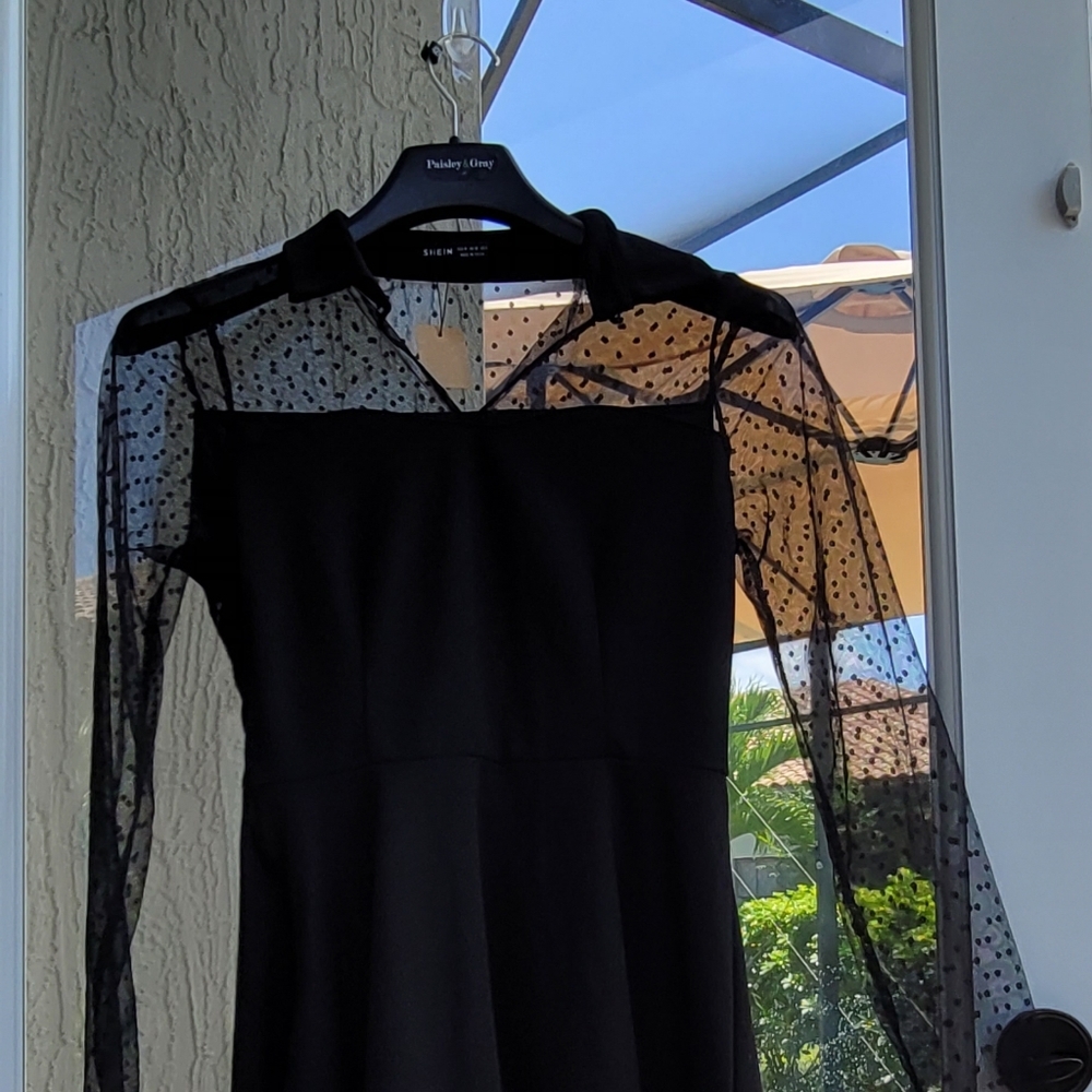 Shein Dobby Mesh Yoke Flare Hem Dress with Lace Long Sleeves Black Size Meium. - Picture 3 of 5